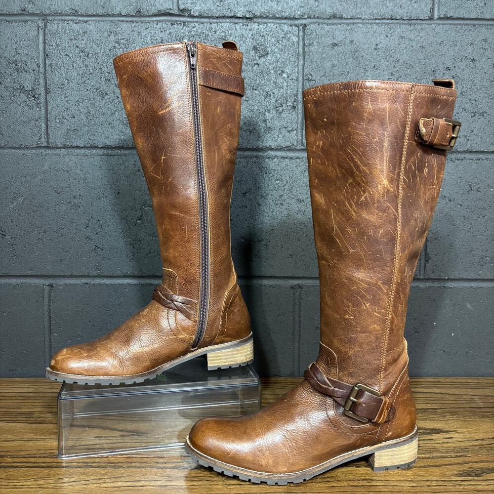Fat Face Tall Distressed Leather Riding Boots Brown Buckle Zip Women’s 6.5